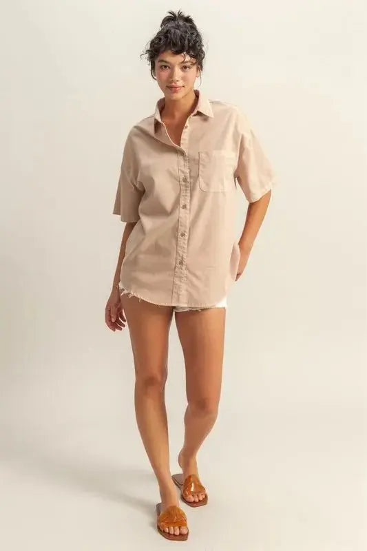 HYFVE Short Sleeve Button Down Oversized Shirt for Women - Love Salve